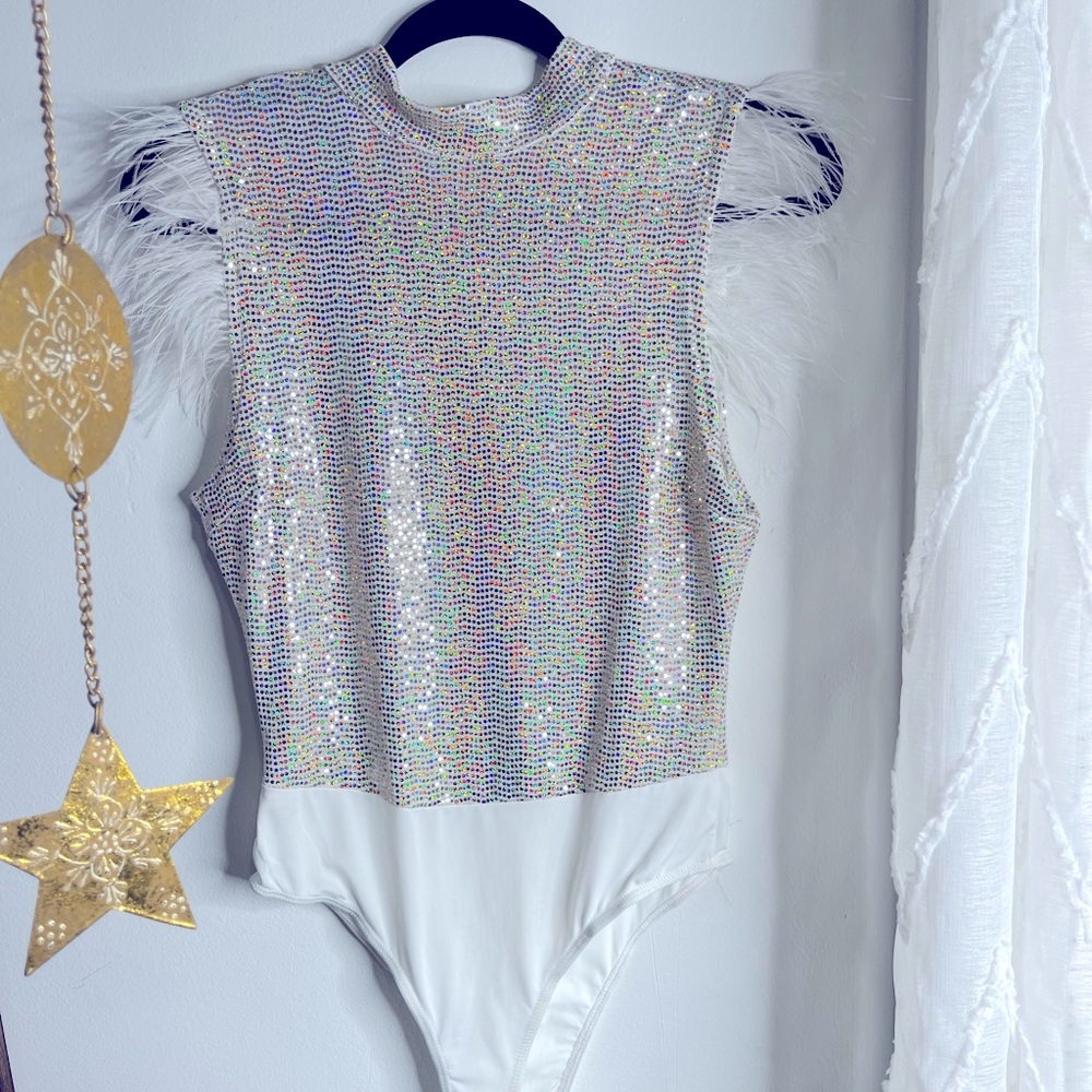 white bodysuit with brightly colored sequins